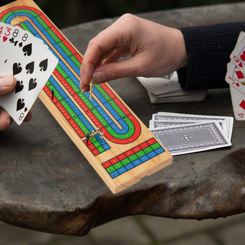 FUNPENY Traditional Wooden Cribbage Board Game Set, 3-Track Color Coded with Metal Pegs and Deck of Playing Cards - Image 2
